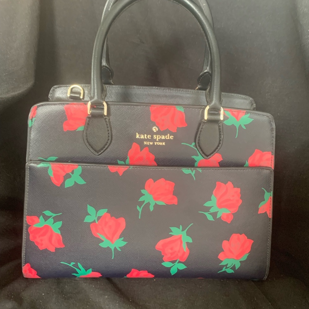 Kate Spade Black and Red Satchel with Rose Print